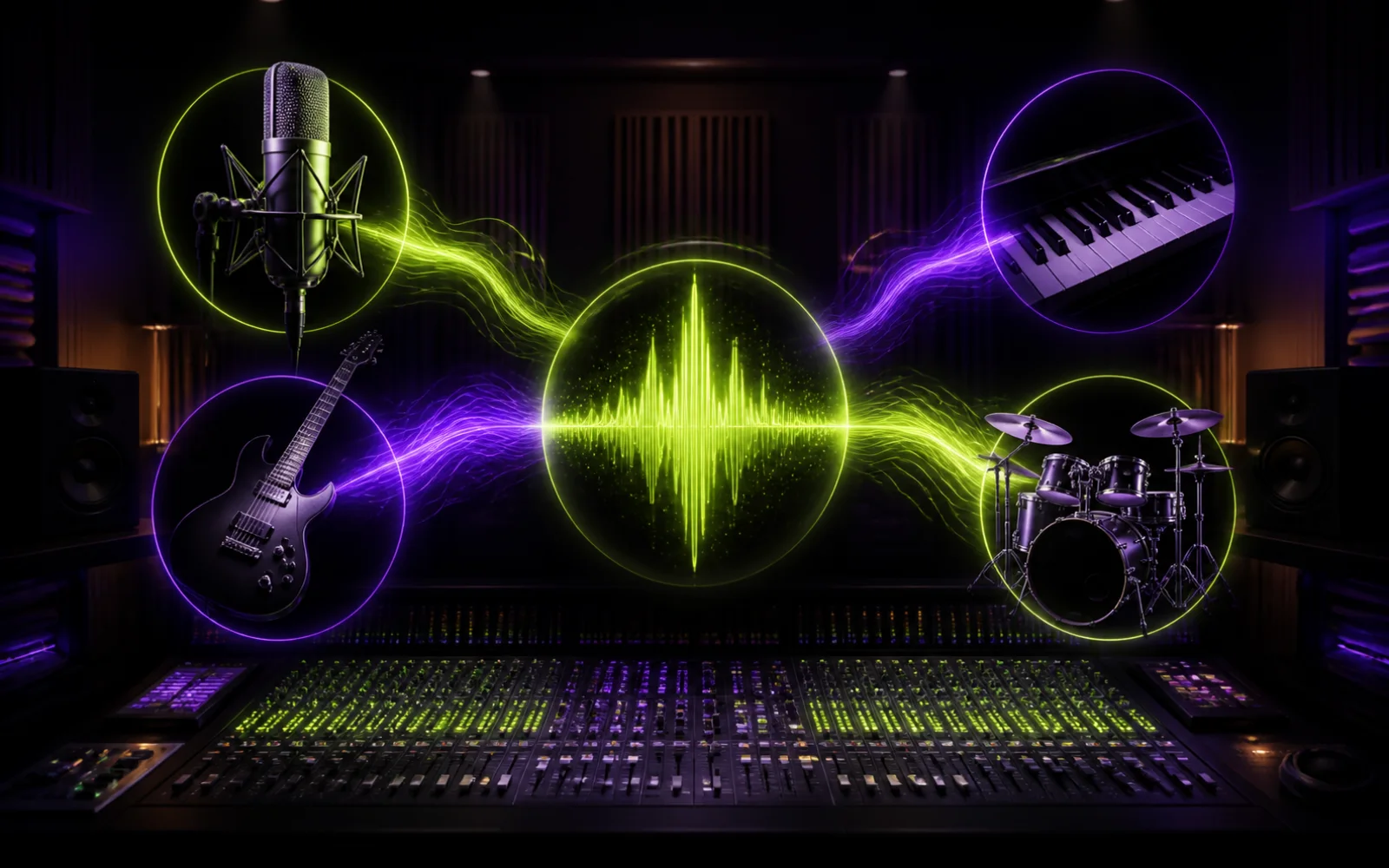 Recording studio visualizing AI vocals guitar piano and drums joining one song