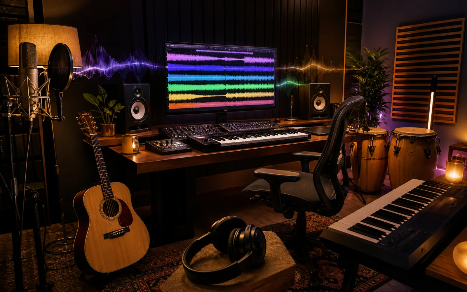 Home studio prepared to add vocals guitar keyboards and percussion to a song