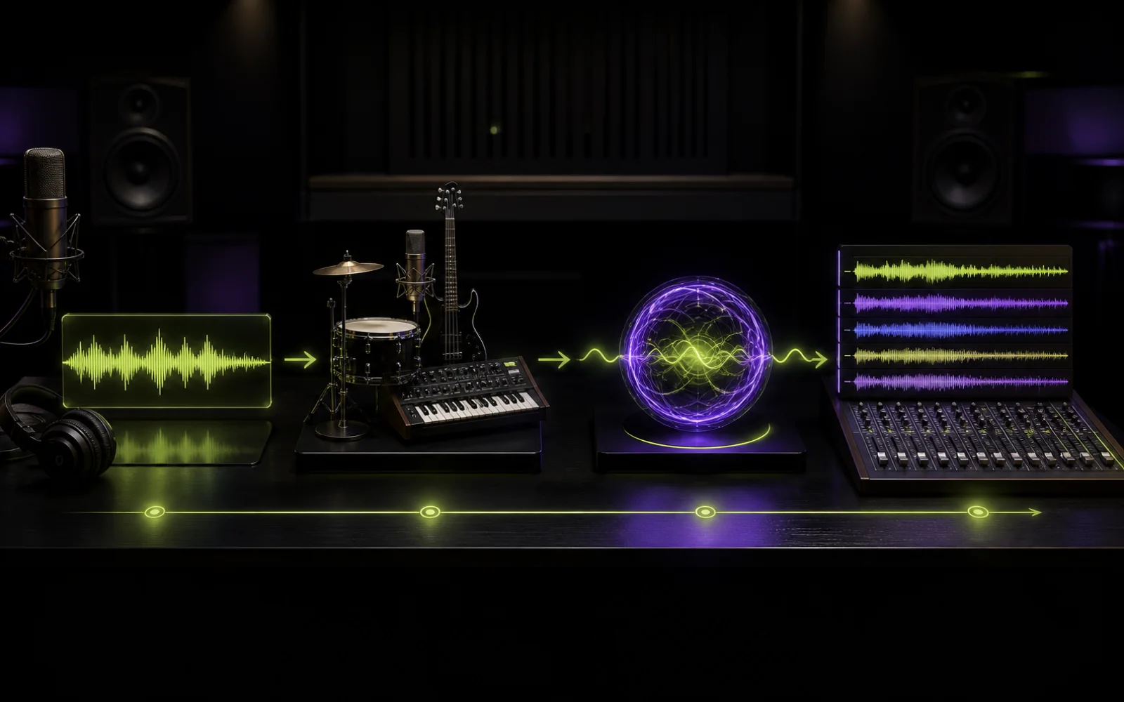 Four-stage AI Add Tracks workflow from source audio to layered mix