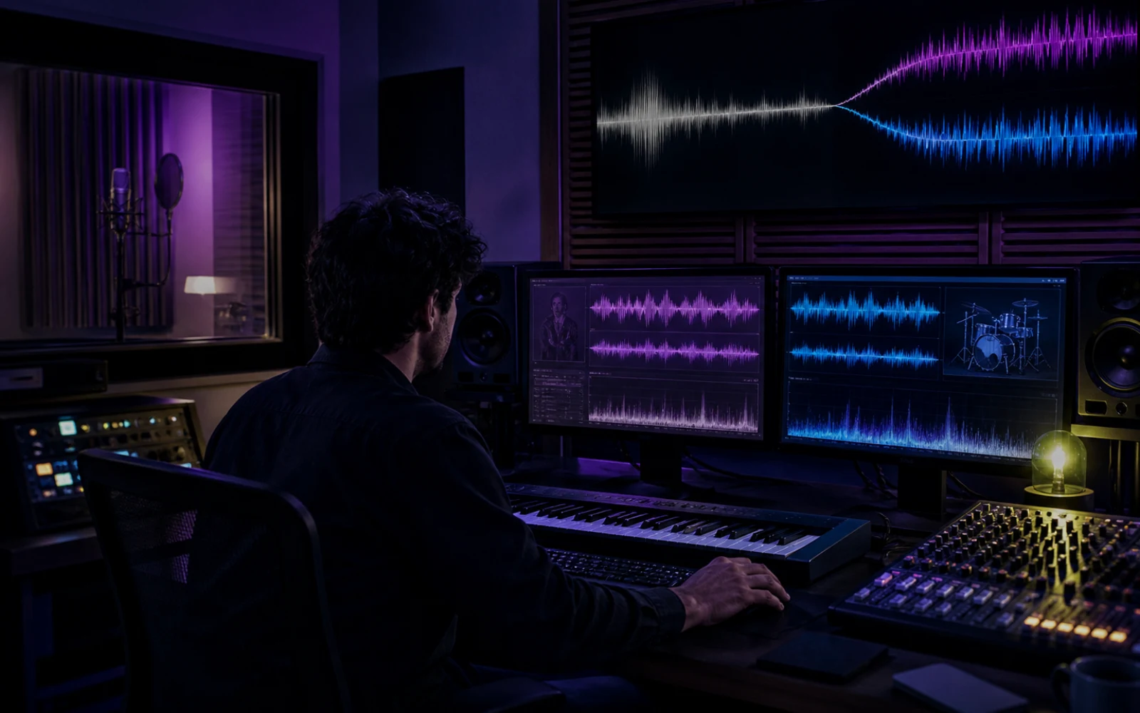 Producer gestaltet in einem dunklen Musikstudio ein AI Voice-Cover und ein Style-Cover