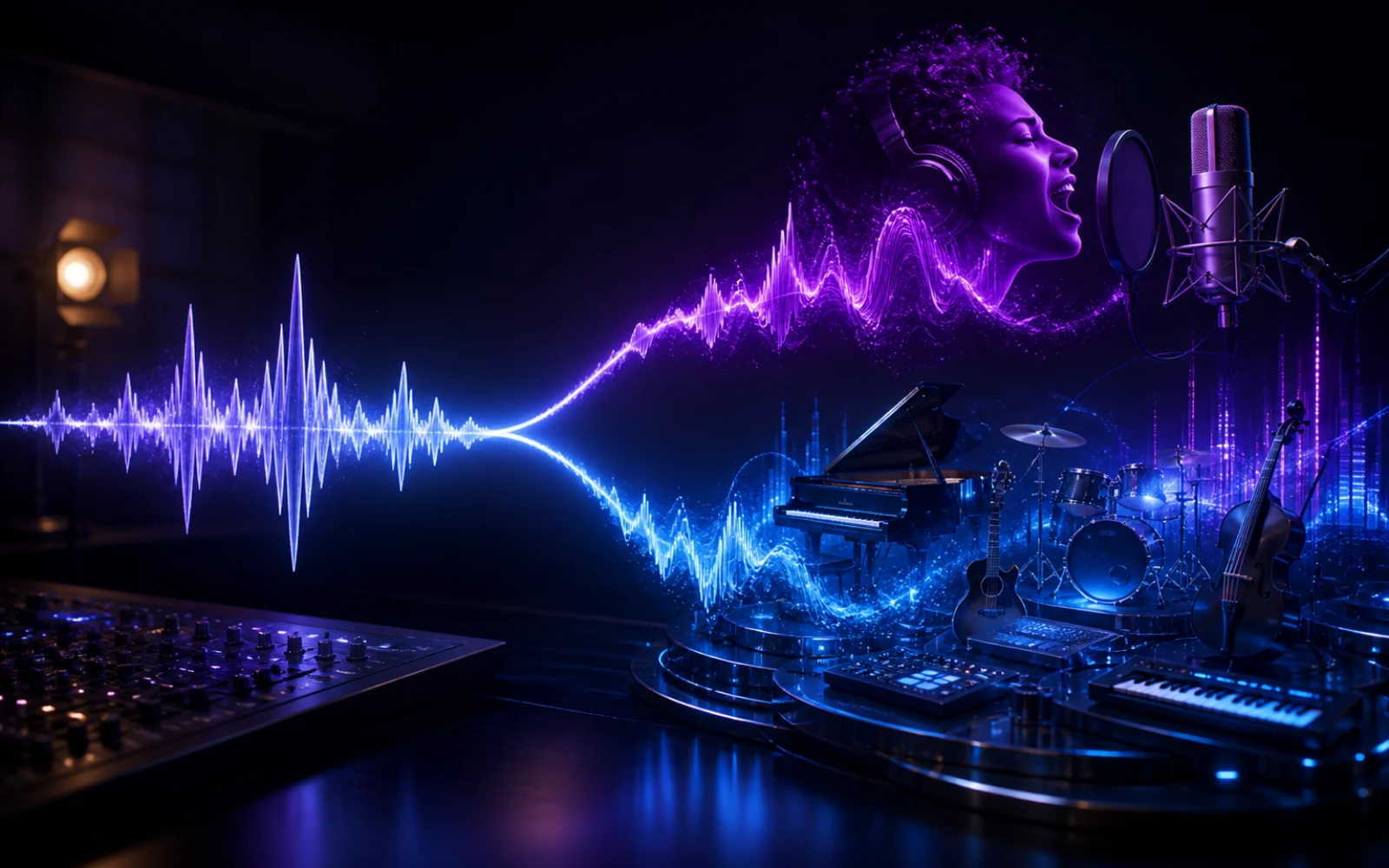 Audio-Wellenform verzweigt sich in Voice-Cover- und Genre-Cover-Arrangements