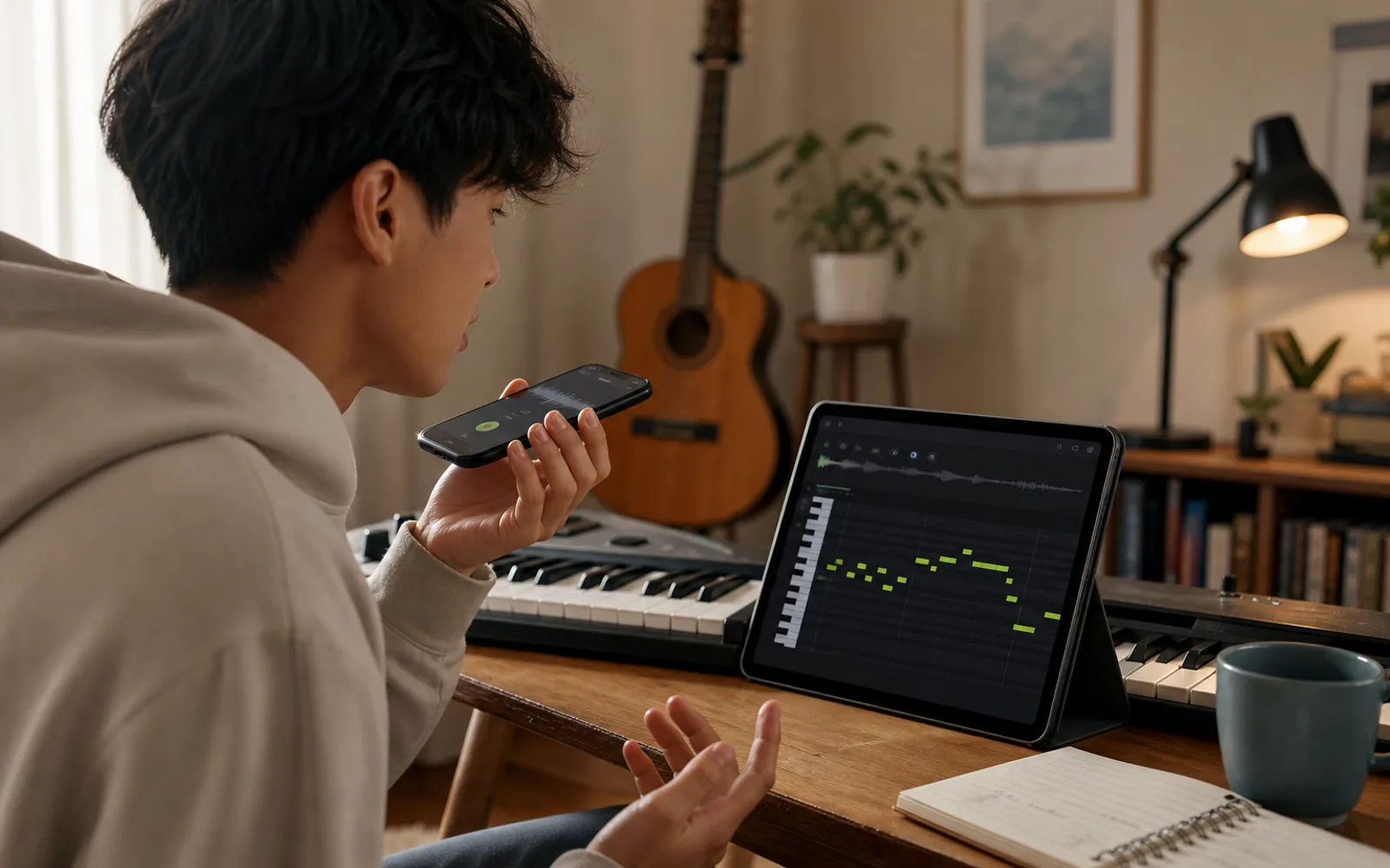 Musiklernender nimmt eine Melodie auf und prüft MIDI-Noten auf einem Tablet