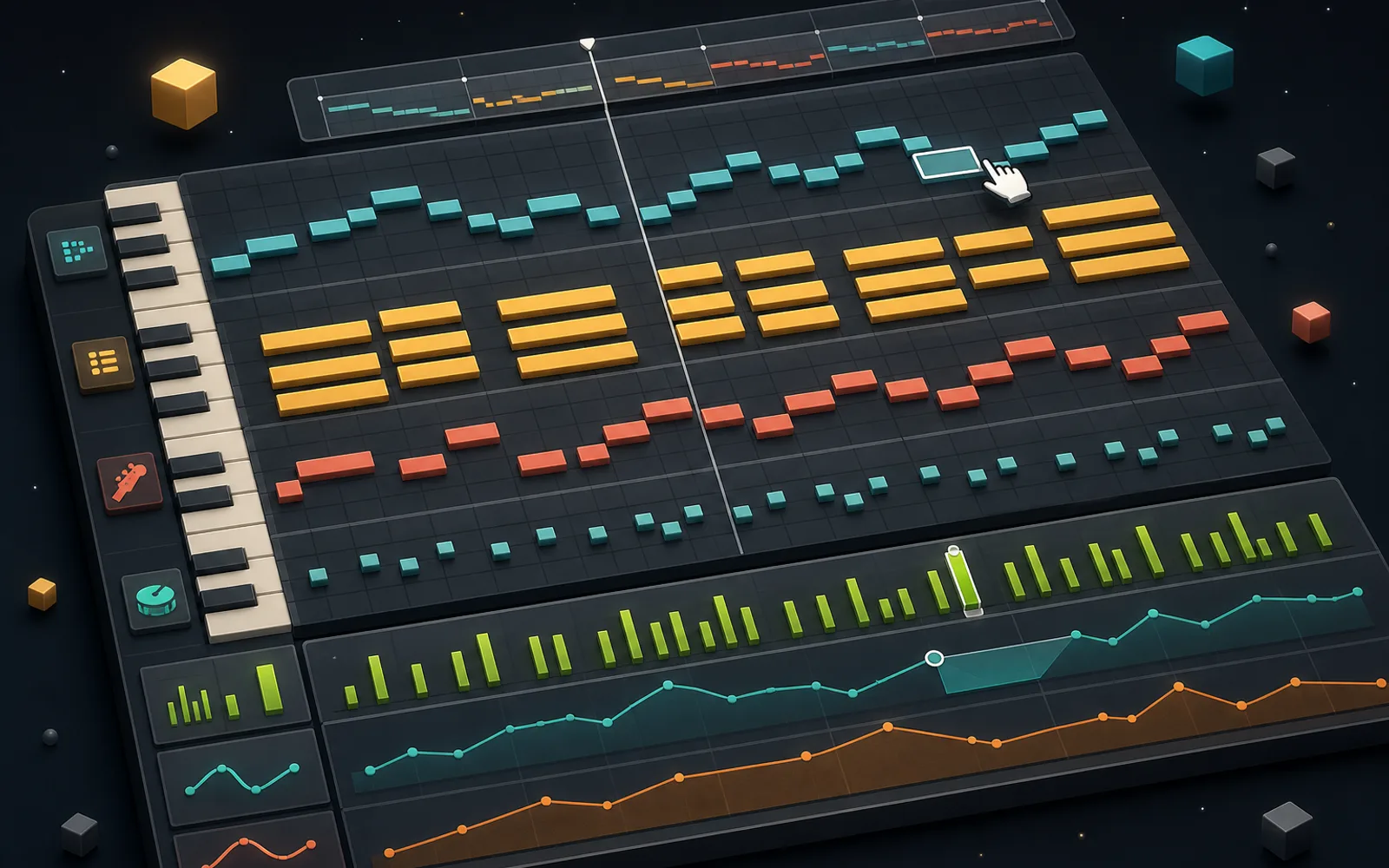 Isometrisches MIDI-Arrangement mit bearbeitbaren Notenblöcken