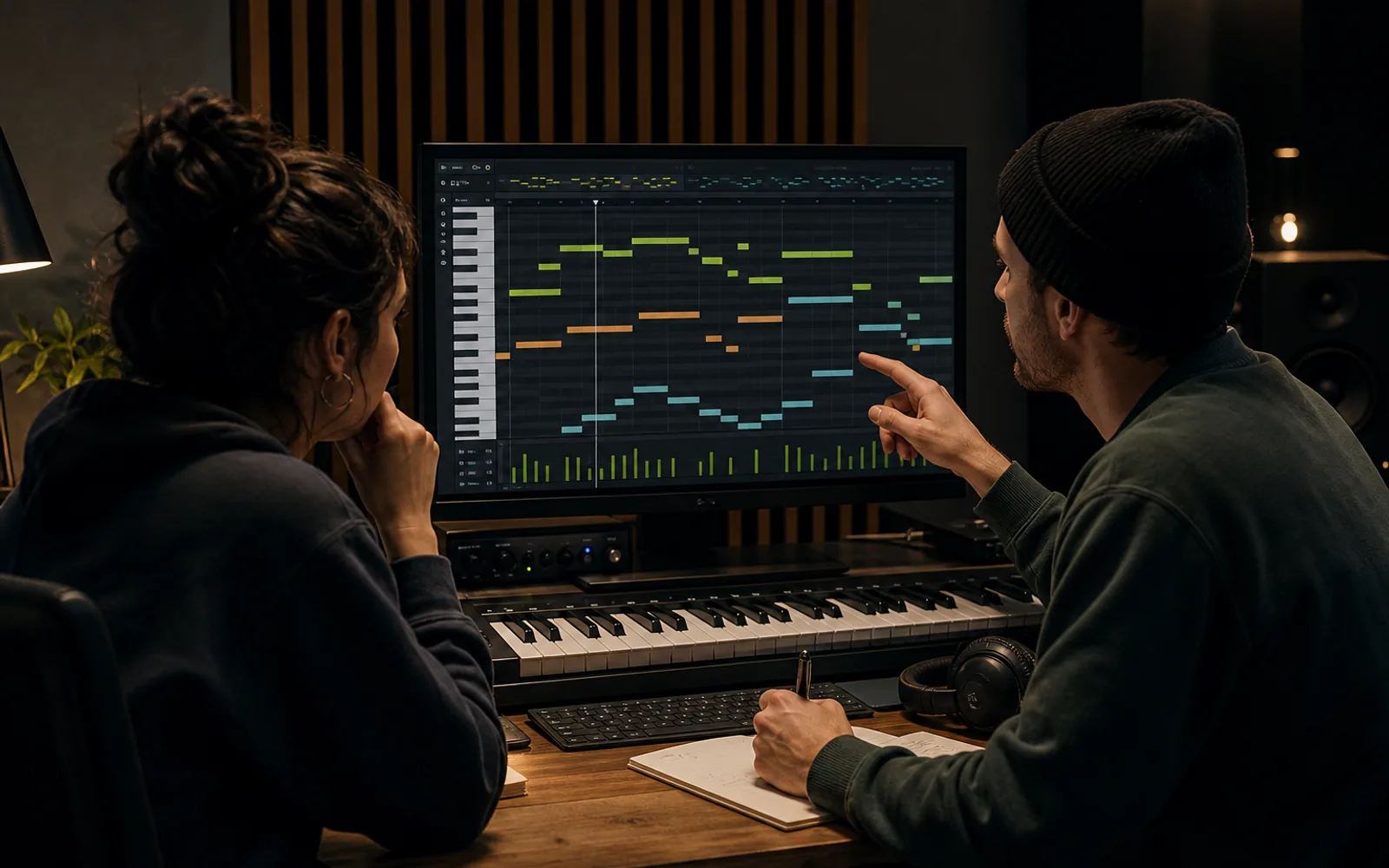 Zwei Kreative prüfen ein MIDI-Arrangement im Studio