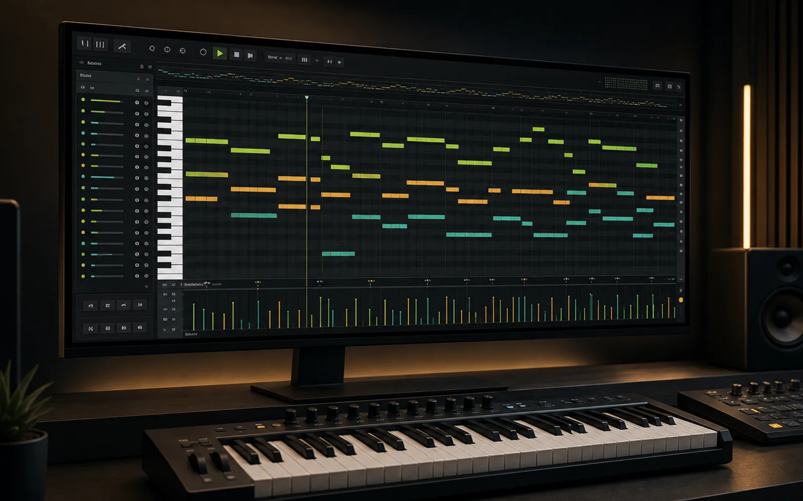 Browser-MIDI-Editor auf einem kompakten Studio-Arbeitsplatz
